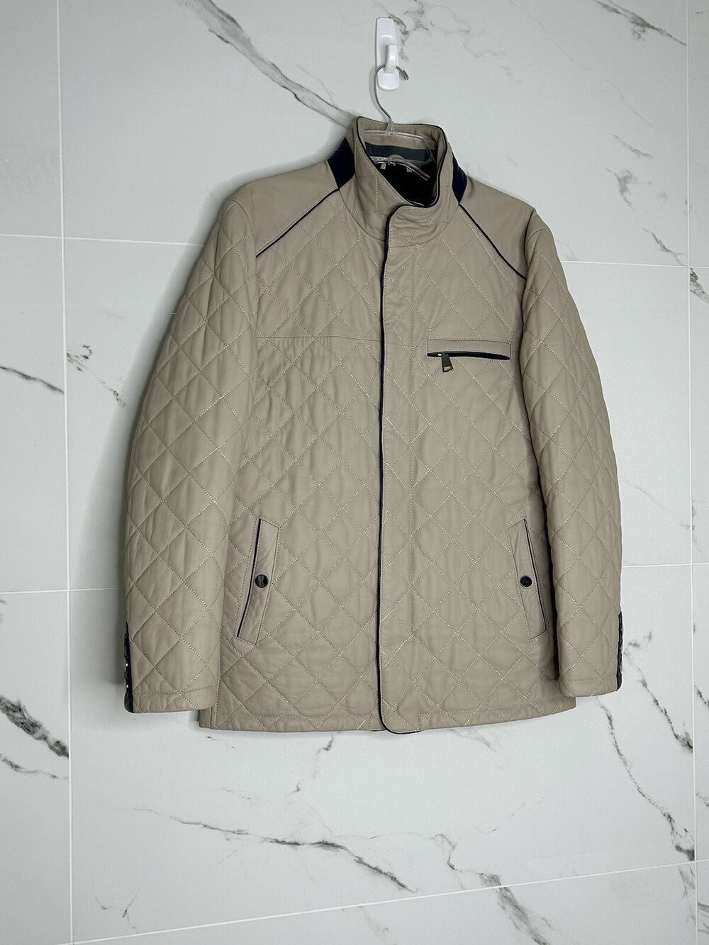 Derimond Quilted Zipped Jacket Genuine Leather Tan Beige Blue Trim Quiet Luxury